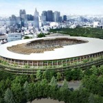 Projeção do estádio olímpico, com cobertura de madeira: inspiração nos templos xintoístas