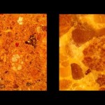 Imagem microscópica do “concreto marciano” exposto às condições climáticas da Terra (esq.) e de Marte (dir.)