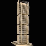 Projeção da estrutura de madeira do prédio, que será sustentada por grandes pilares de concreto