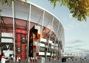 Estádio Ras Abu Aboud, projetado para a Copa do Catar, em 2022: contêineres, estruturas de aço e concreto pré-fabricado. Crédito: Fenwick Iribarren Architects