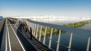 Nova ponte Champlain, em Montreal-Canadá: ciclovia e calçada isoladas das pistas e com barreiras anti-ruído. Crédito: newchamplain.ca