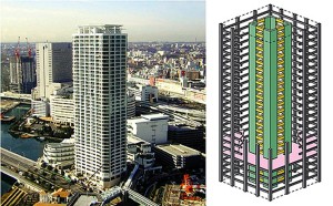 Edifício Nabeaure Yokohama Tower, no Japão: vigas e pilares do núcleo do prédio usaram tecnologia do concreto dobrável para segurança contra abalos sísmicos Crédito: American Scientist