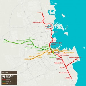 As 3 linhas do metrô de Doha vão interligar 6 estádios da Copa do Mundo de 2022 e permitirão conexões com outros 6 estádios Crédito: Qatar Rail